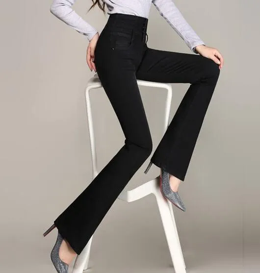 Расклешенные брюки для женщин размера плюс джинсы повседневные стройнящие кнопки полная длина Осень Весна Новая мода синий черный yyf0614