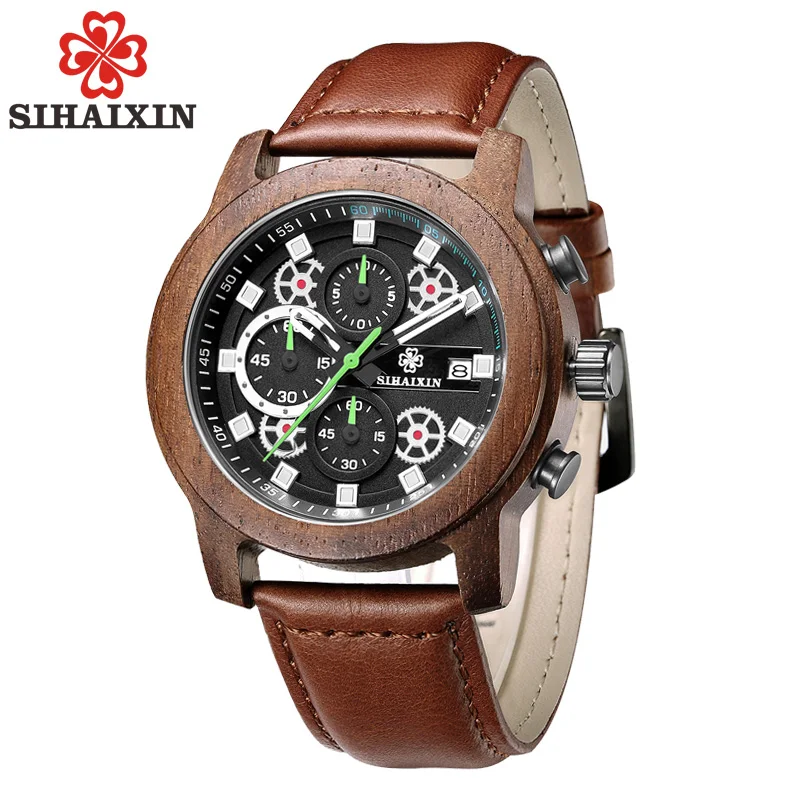 SIHAIXIN Unique Leather Handmade Wood Watches Men Luxury Stop Watch Sport Chronograph Analog Male C