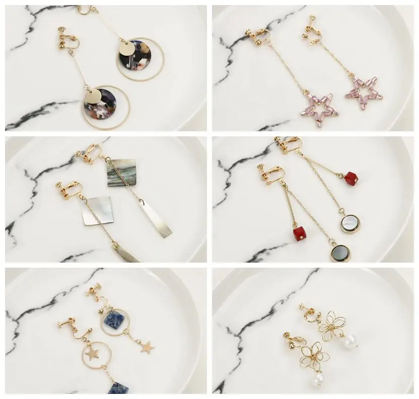 

GRACE JUN Luxury Bridal Wedding Clip on Earrings Non Pierced Popular Natrual Stone Pearl Shell CZ Star Flower Geometric Ear Clip