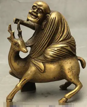 

China Buddhism Bronze Ride Sika deer Arhat Damo Bodhidharma Dharma Buddha Statue