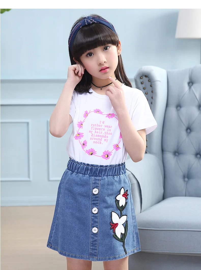 3-12 y girls summer outfits 2018 kids girls clothes set short sleeve floral t-shirt jeans skirt girl sets 12 year  (6)