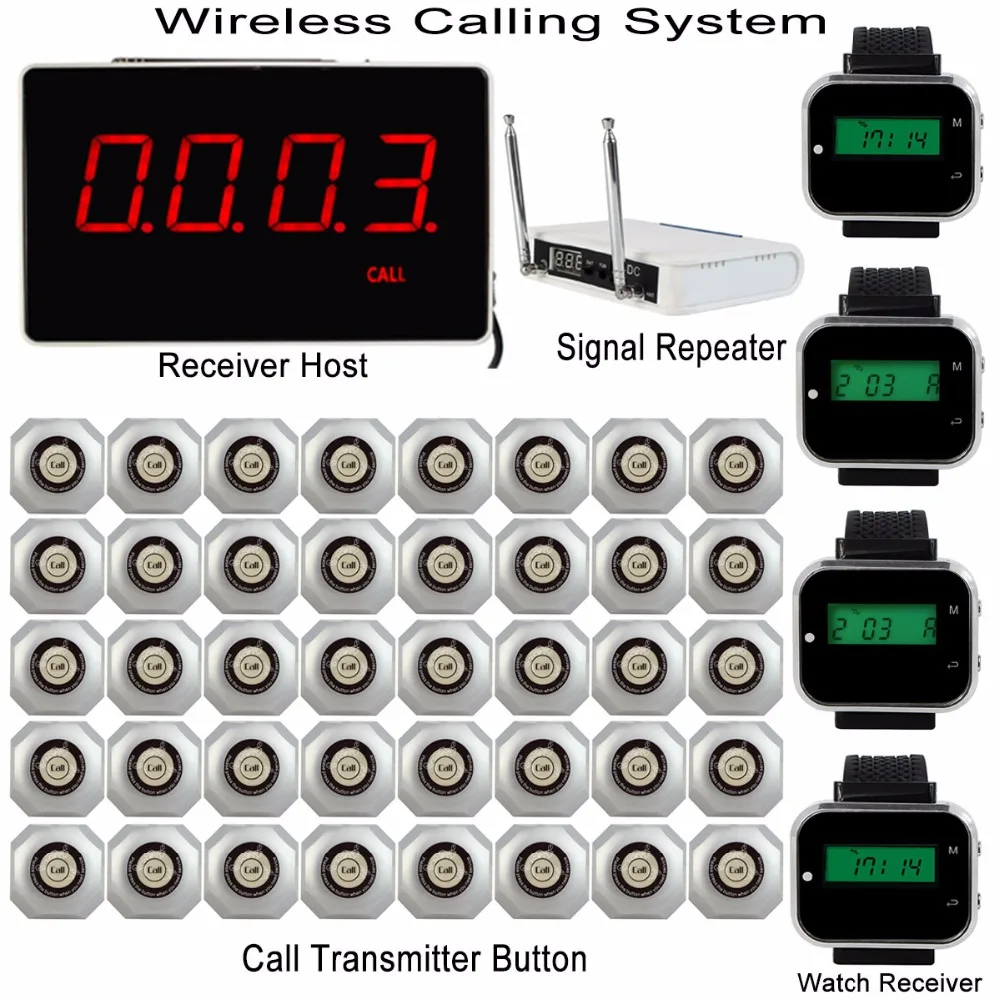 

Wireless Pager Restaurant Calling System With Receiver Host+4pcs Watch Receiver+Signal Repeater+40pcs Call Transmitter F3293D