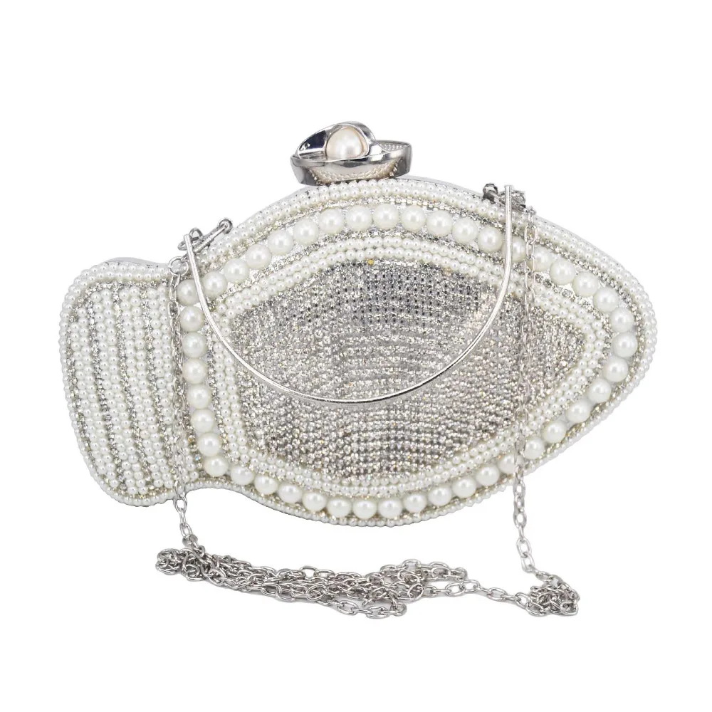 Animal Fish Shape Silver Pearl Clutch Bag Luxury Crystal Party Animal Fish Shape Silver Pearl Clutch