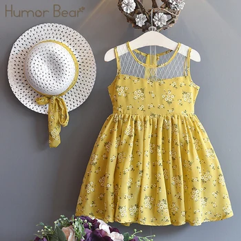 

Humor Bear Girls Clothes Sets 2018 Summer New Flower Pattern Dress+Sun Hat Girl Flower Design Splicing Gauze Layered Dress