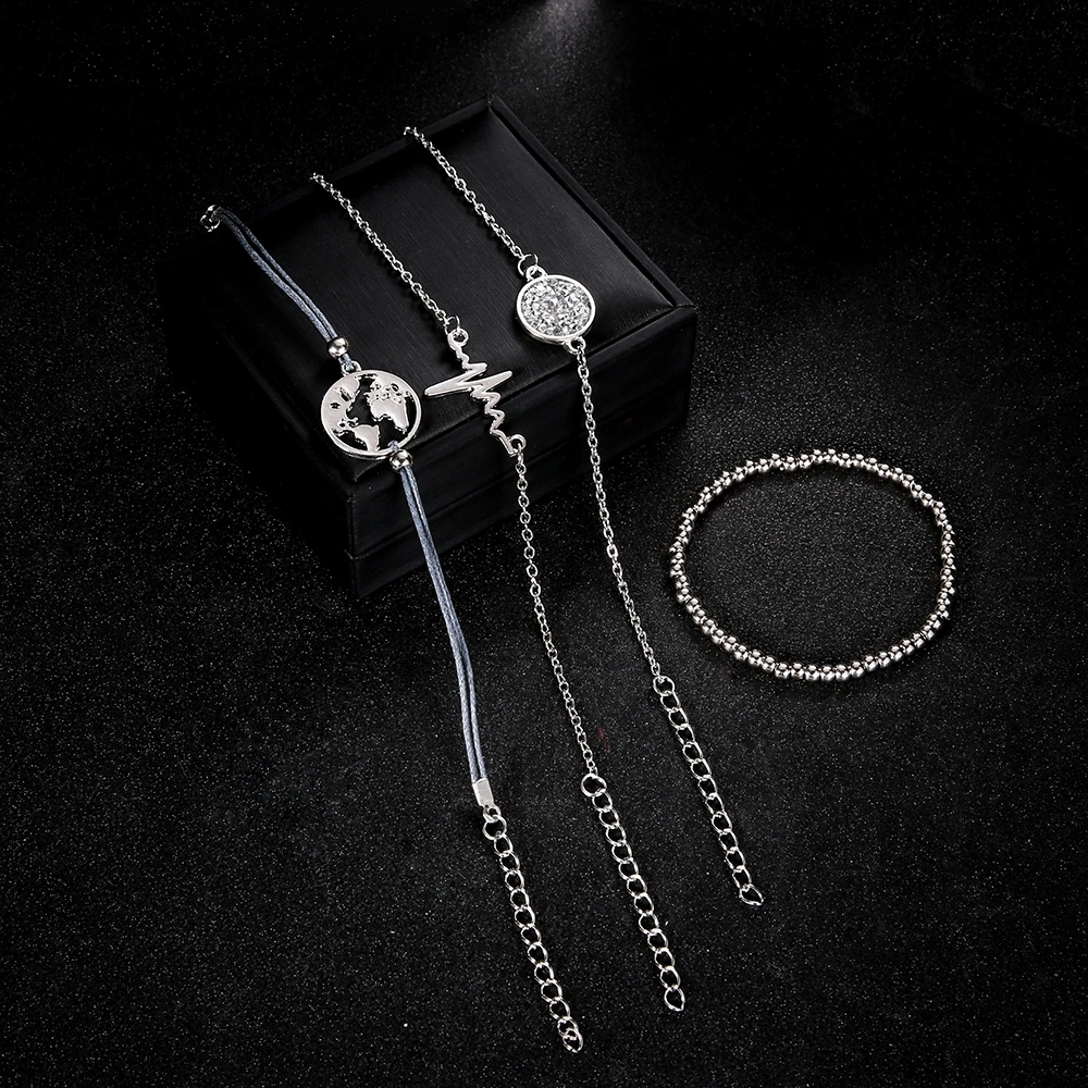 

4 Pcs/Set Earth Map LOVE Heart ECG Multilayer Bracelets for Women Crystal Charm
