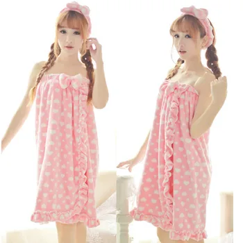 

Chest wiping Bath Towel Women Pure Cotton Absorbent Sexy Cute Nightgown Thicker Three piece Bathrobe + hair band + foot cover