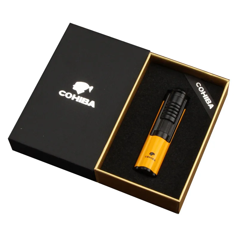 COHIBA зажигалки для сигар металлические 1 струйный фонарь Зажигалка Ветрозащитная карманная газовая зажигалка для сигарет Бутан наружные сигары гаджеты