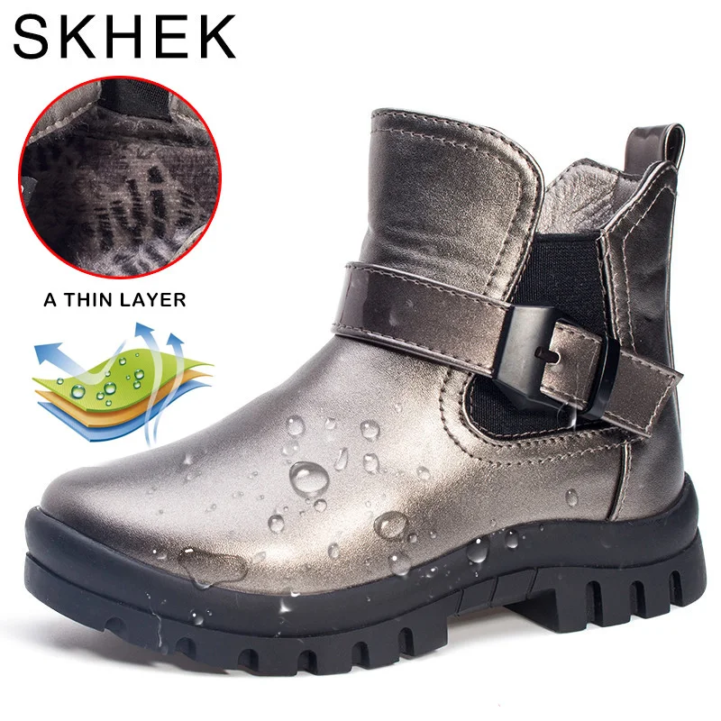 

SKHEK Children Boots Boys Snow Waterproof Shoes Kids PU Leather Boot Boy Boots Girls Martin Warm Shoes Sport Shoes 27-32D