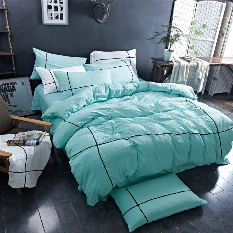 

European Simple Solid White Super Soft Washed Cotton 4 Pcs Bedding Set Bedclothes Blue Bed Linens Duvet Cover Set Bed Sheet