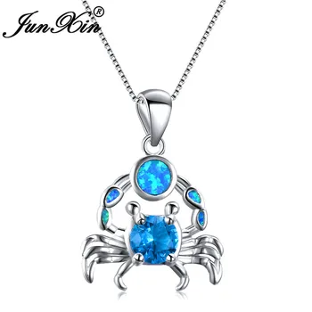 

JUNXIN Cute Crab Pendant Blue White Fire Opal Necklaces For Women Silver Color Purple Zircon Stone Wedding Jewelry