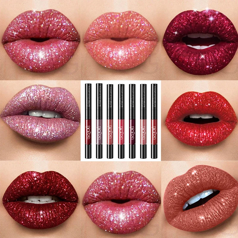 2 In 1 Dubbele Kop Matte Lipgloss Diamond Vloeibare Lipstick& Lip Liner Waterdicht Naakt Lipgloss Mate Lip stick Pen Make-Up