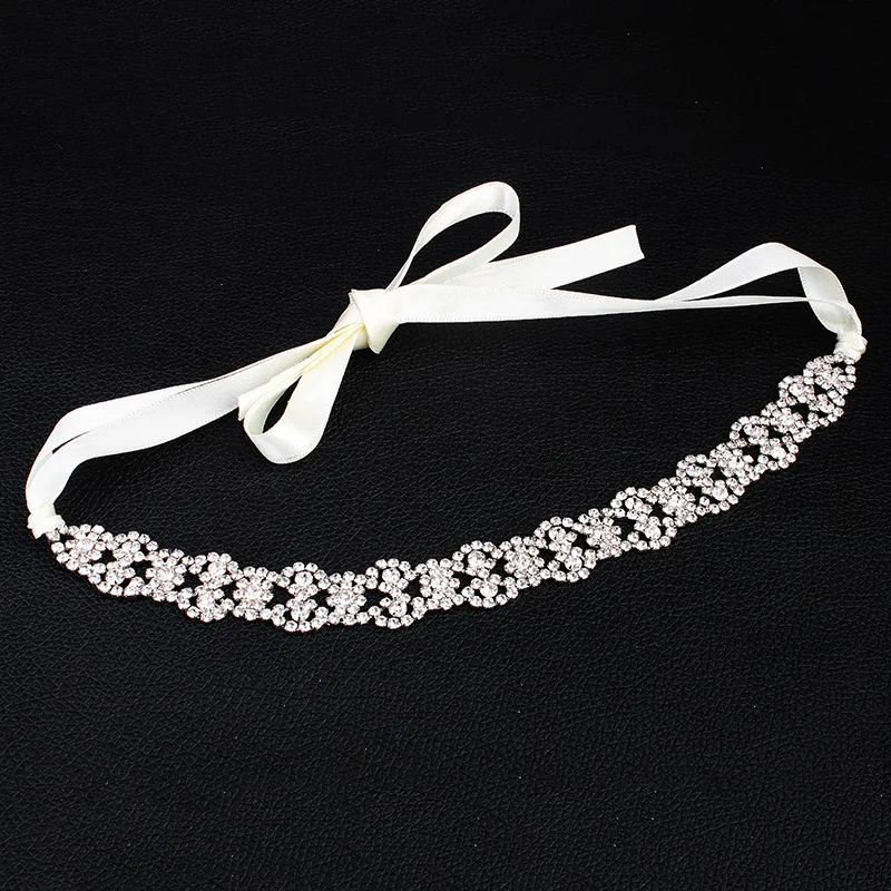 

SLBRIDAL Ribbon Silver Rose Gold Rhinestone Crystal Bridal Wedding Headband Headpieces Hair accessories Women Dress Belt Jewelry