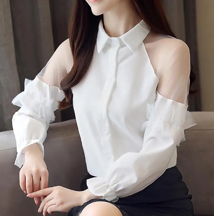 

2018 Autumn New Arrival High Quality Hot Sale Perspective Leisure Turn-down Collar Solid Color Long Sleeve Woman Chiffon Top
