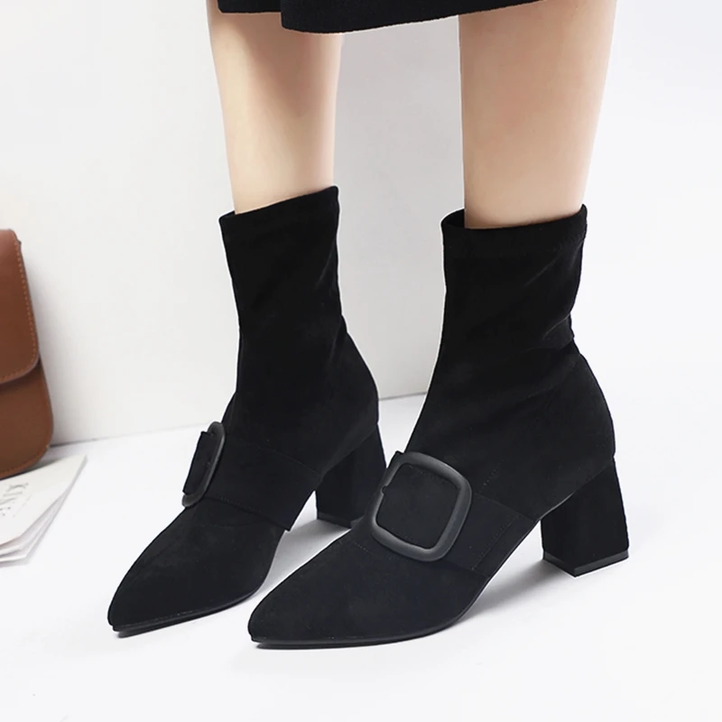 

Women Ankle Boots Pointed Toe Winter Autumn High Heel Women Boots Black Buckle Slip-on Ladies Shoes Women Pumps botas mujer 906w