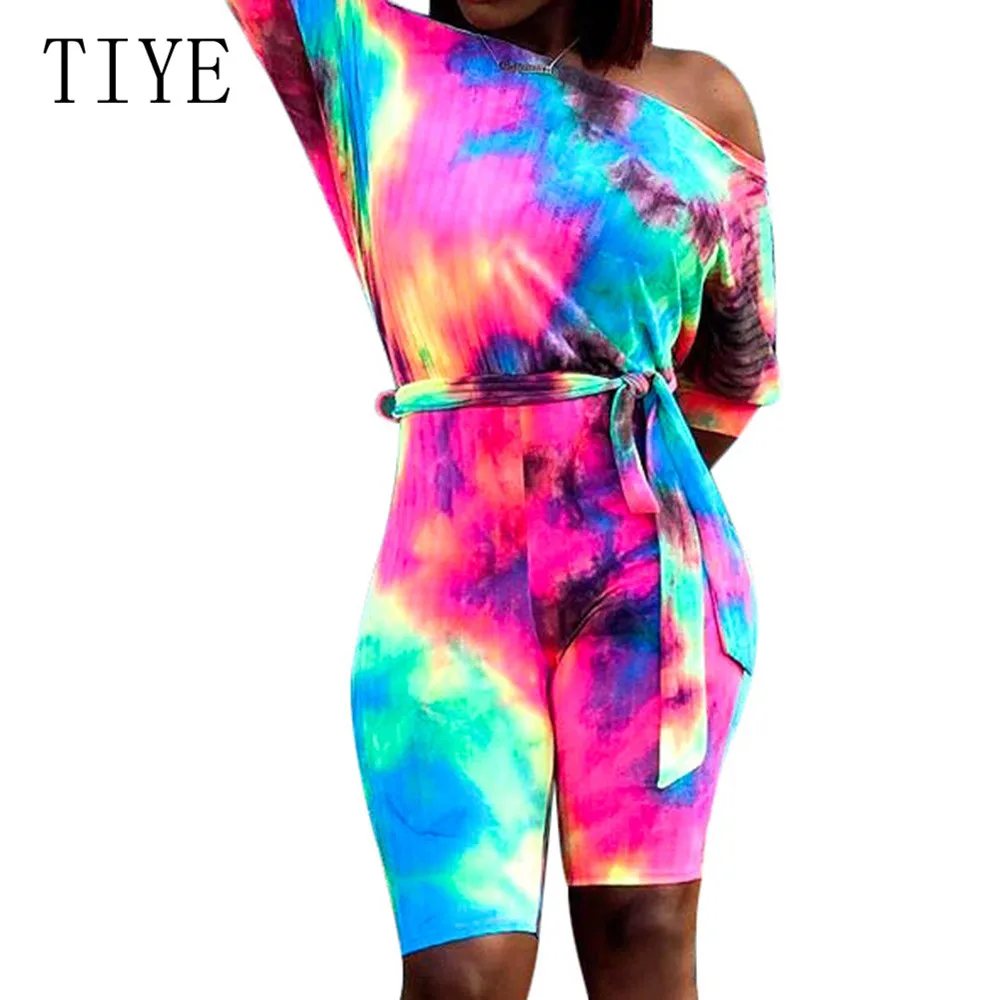 

TIYE Tie Dying Sexy Off Shoulder Half Sleeve Retro Jumpsuits Summer Bodycon Bandage Half Short Playsuits Women Vintage Overalls