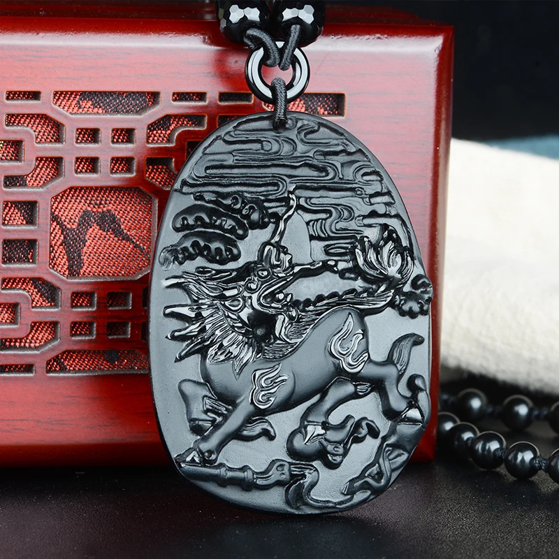 

PUHOLY/ belwide jewelry Wujin natural Obsidian Pendant Necklace kylin kylin graduation gift for men