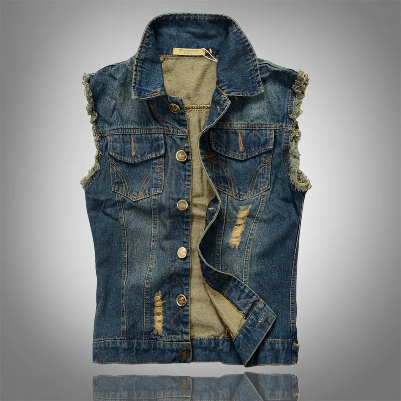 

2016 New Fashion Mens Denim Vest Vintage Sleeveless Washed Jeans Waistcoat Man Cowboy Ripped Jacket Plus Size 6XL Tank Top