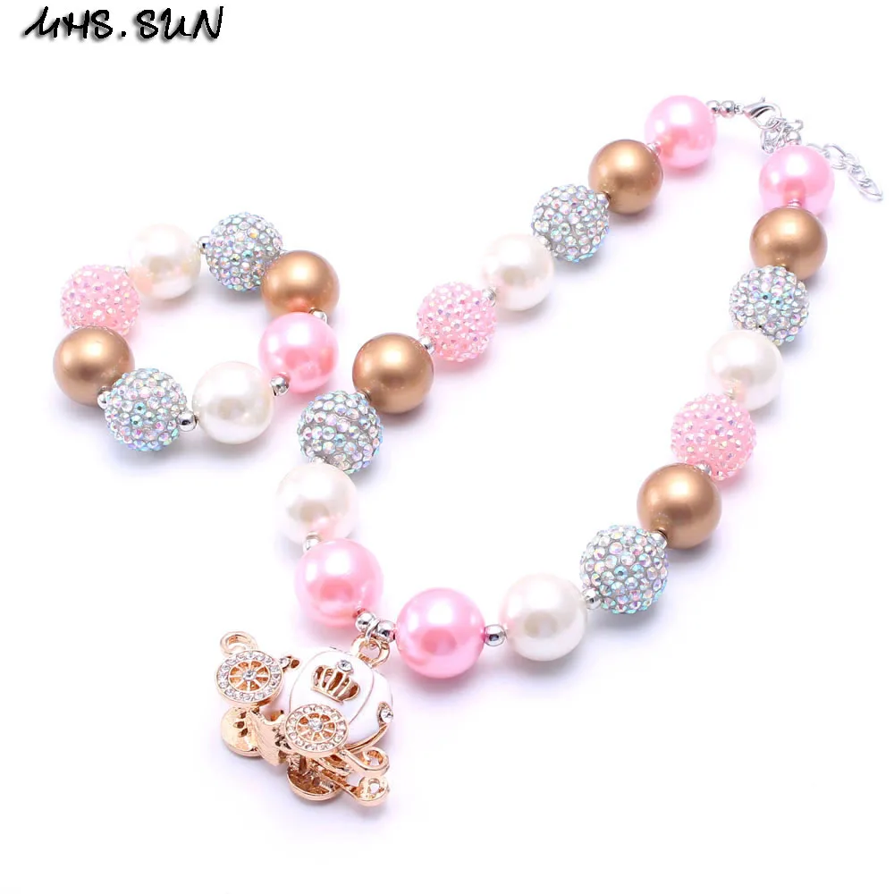 

MHS.SUN 2sets Pumpkin Carriage Kid Chunky Necklace Jewelry Set Princess Children Bubblegum Bead Chunky Necklace&Bracelet Set