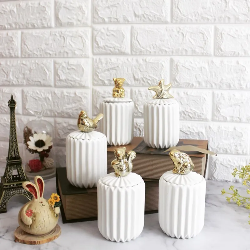

Dustproof With Lid Animal Cotton Swab Ceramic Jar Glass Containers White Desktop Jewelry Storage Tank Home Decoration Storage