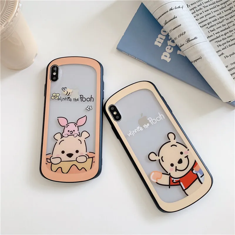 

Cute Cartoon Pooh Winnie Bear Transparent Glass Phone Case For Apple iphone 6s 7 8 Plus X XR XS MAX Clear Protection Back Cover