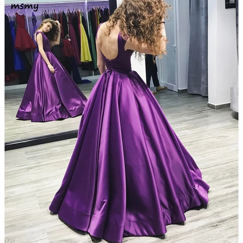 

2019 PURPLE A LINE BATEAU REGENCY SATIN SIMPLE LONG BALL GOWN PROM DRESS LACE UP FLOOR LENGTH VINTAGE EVENING DRESS BACKLESS