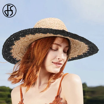 

FS Fashion Straw Raffia Sun Visor Caps For Women Elegant Panama Hats Wide Large Brim Ladies Outdoor Summer Holiday Beach Cap