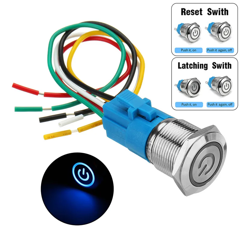 12 V 24 V 19 мм металлический светодиодный 5Pin кнопочный переключатель разъем провода фиксирующийся переключатель переключателя сброса 4A Водонепроницаемый IP67