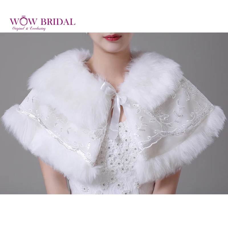 Wowbridal изящные белый свадьбы обертывание подчинение искусственного меха шаблон блестки бисером с бантом шаль свадебные аксессуары пальто