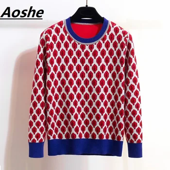 

Aoshe Pullover 2018 Spring Preppy Stylish Knit Tops Leaves Jacquard Luxury Chic Vintage Sweater Women Jumper pull femme