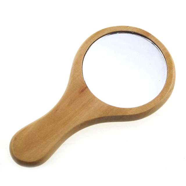 New Natural Wood Mirror Wooden Hand Mirror Vintage Portable Compact