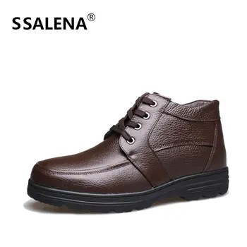 

Men Leather Working Ankle Boots Male Winter Warm Plush Fur Business Boots Men Office Lace Up Round Toe Short Boots AA60844
