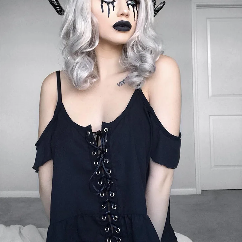 

Liser Women Short Tops Black Gothic Bandage Plain Lace Up t-shirt Ruffles Hollow Female Goth Punk Summer Tops