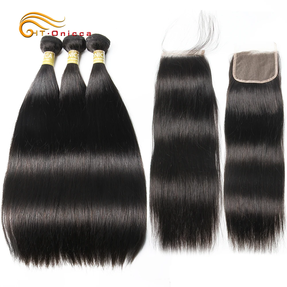 

Onicca Straight Hair Bundles With Closure Human Hair Weave Bundles With Closure Indian Hair Bundles Non-Remy Hair Extension