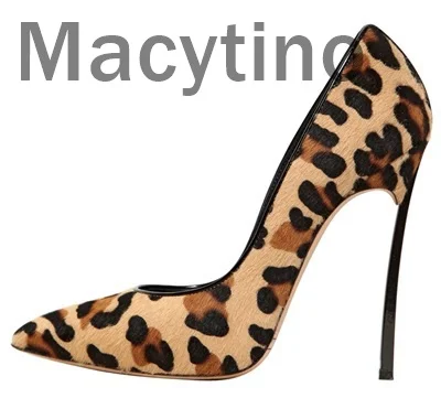 

Macytino Leopard Metal Heel Party Shoes Women Pumps Shoes Office Lady Pointed Toe Horsehair Sexy High Heels 12 cm