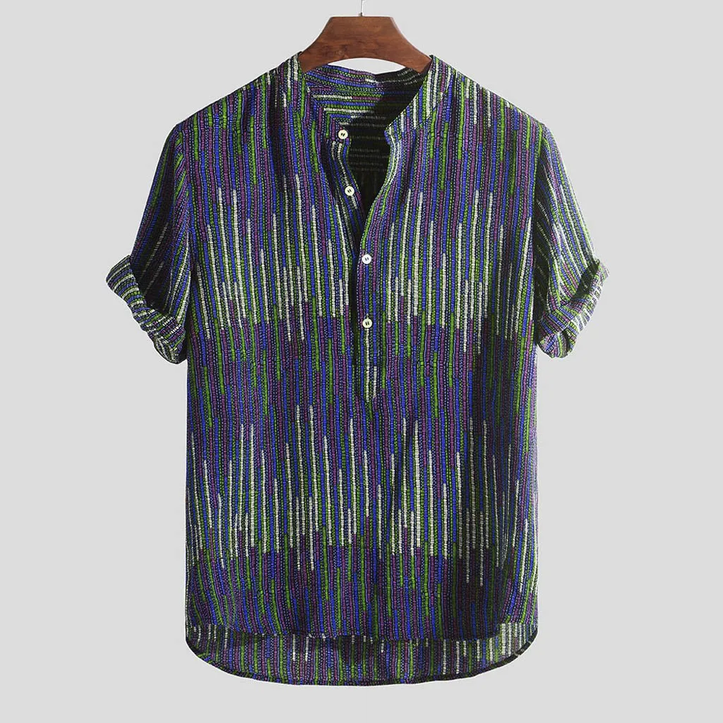 

2019 Mens Ethnic Printed Stand Collar Colorful Stripe Short Sleeve Loose Shirt Summer Man Clothes