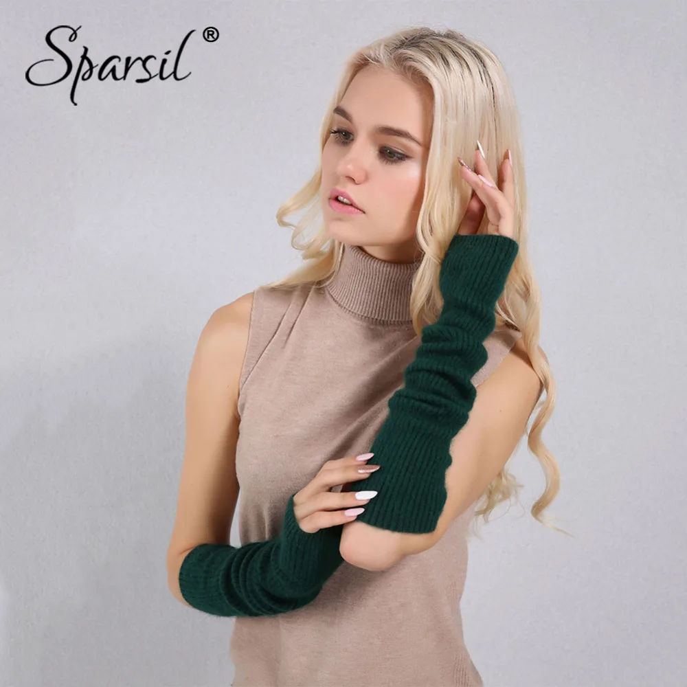 

Sparsil Women Soft Mink Cashmere Fingerless Gloves 40&50cm Elbow Length Solid Color Warm Mittens Autumn Winter Long Knit Glove