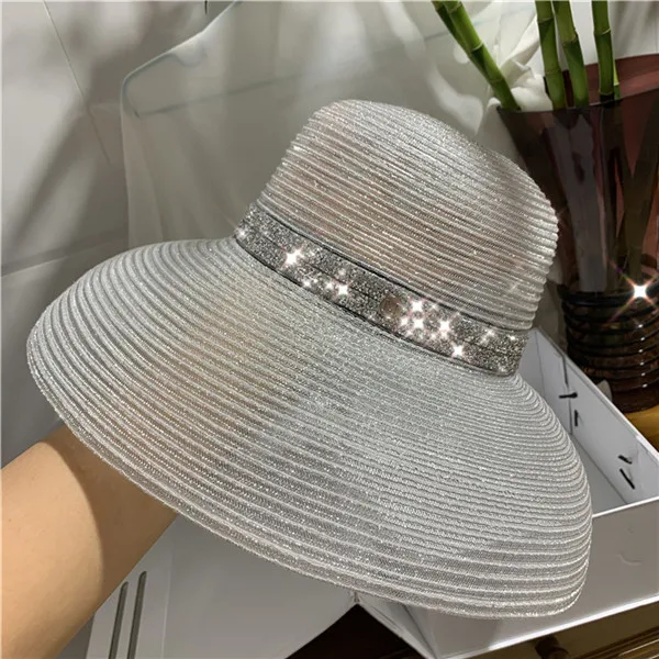 Summer Elegant Wide Brim Beach Hat Hepburn Style Rhinestone Belt Sun Hats Female Foldable UV Protection Sun Visor Caps - Цвет: white