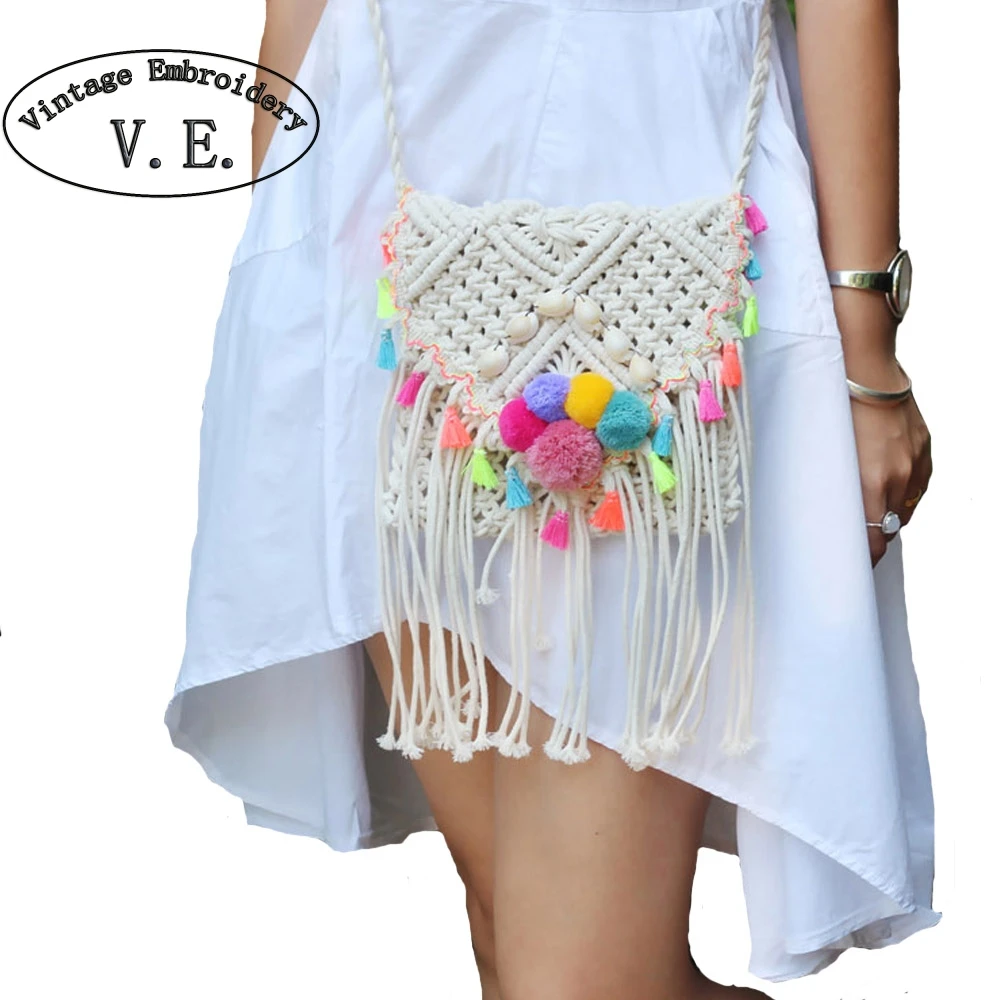 

Vintage Embroidery Women Bag Braid Fringed Knitted Holiday Beach Handbag Pompom Ball Bohemian Woven Straw Shoulder Messenger Bag