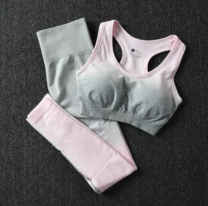 

Women's Ombre Seamless Sports Yoga Sets Gym High Waist Leggings+Bra Suits Fitness Training Sports Running Sportswear Pants+Bra