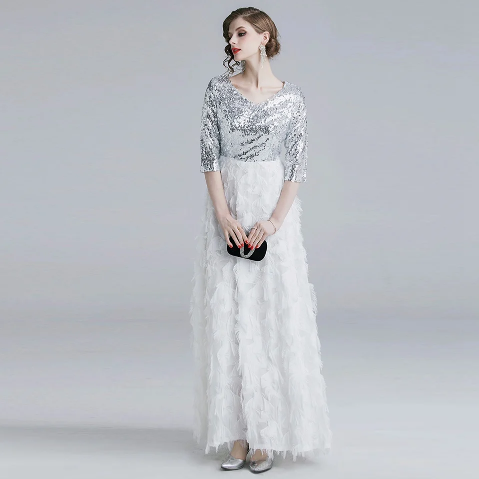 ROGREZ/серебристо-белые элегантные вечерние платья с блестками и перьями в стиле пэчворк, длиной до щиколотки, длиной до щиколотки, длинные платья