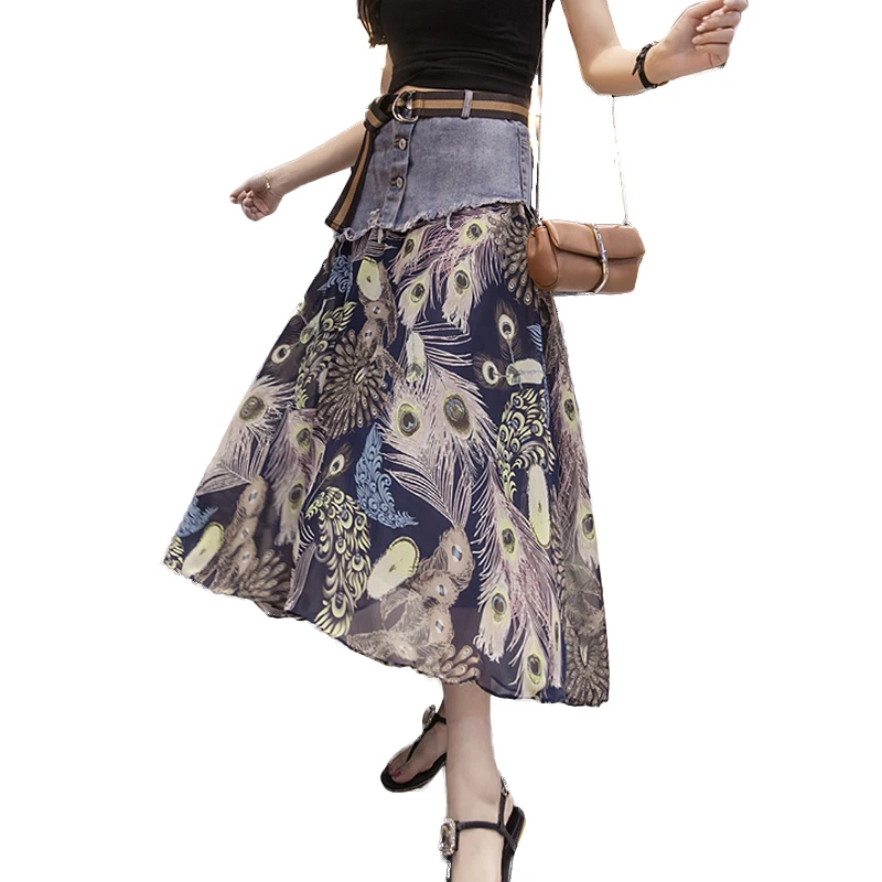 2018 Fashion Beach Boho Skirts Womens Summer Chiffon Patchwork Denim