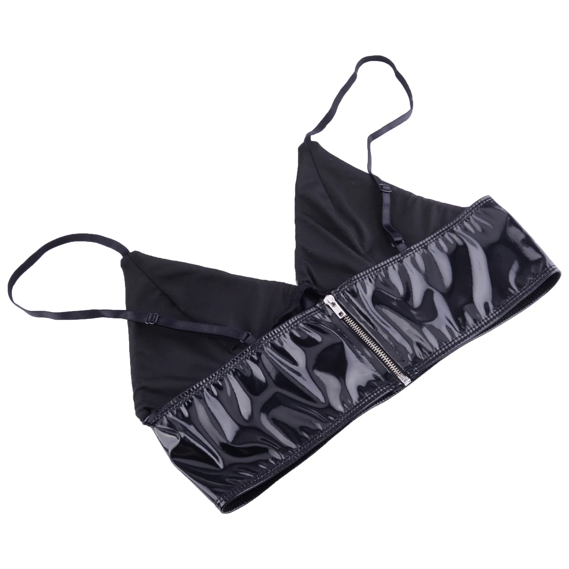 Black Sexy Bust Bras Women Cool Punk Latex Bra Top Shine Patent Leather Faux Crop Corset Sling Bottoming Bustiers with Zipper