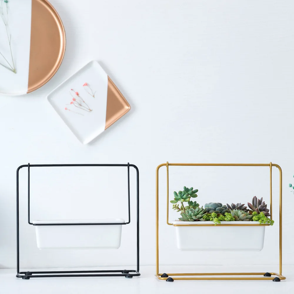 

Nordic Swing Succulents Flower Pot Wrought Ceramic Iron Swing Desktop Plant Pot Iron Frame Set Home Decoration