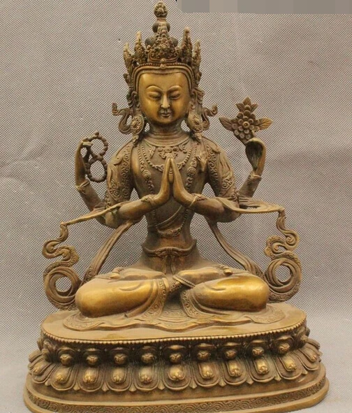 

bi003377 10" Chinese Tibet Old Bronze Sit Four Hands Kwan-yin Guan Yin Buddha Statue