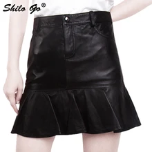 Кожаная юбка женщин Осенняя мода овчины юбка из натуральной кожи Черный Высокая талия в сдержанном стиле плиссированные юбка-годе