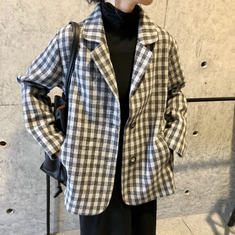 Harajuku Style Black White Plaid Jacket Women 2018 New Spring Womens Coat Long Sleeve Single-breasted Suit Collar Basic Jackets Harajuku Style Black White Plaid Jacket Women 2018 New Spring Womens Coat Long Sleeve Single-breasted Suit Collar Basic Jackets