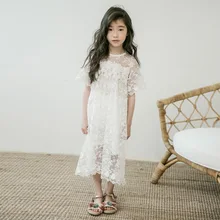 Белое кружевное платье принцессы с цветочным принтом в стиле пэчворк для девочек-подростков; детская одежда; длинное кружевное платье для маленьких девочек; вечерние летние платья;