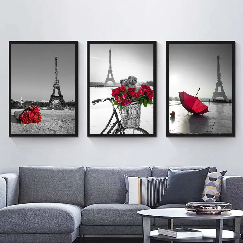 Gray-Black-Landscape-Poster-Prints-Modern-City-Tower-Canvas-Painting-On-The-Wall-Red-Rose-Umbrella (3)