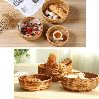 

Hot Sale Hadewoven Round Rattan Fruit Basket Wicker Food Tray Weaving Storage Holder Dinning Room Bowl (3-Size Kit)
