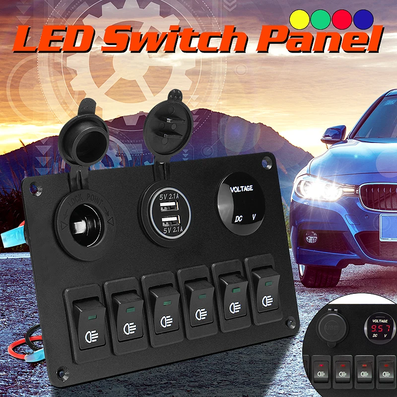 

6 Gang Rocker LED Switch Panel Dual Usb Car Charger Voltmeter Socket Auto Boat Marine Blue Red Green LED Rocker Switch Panel
